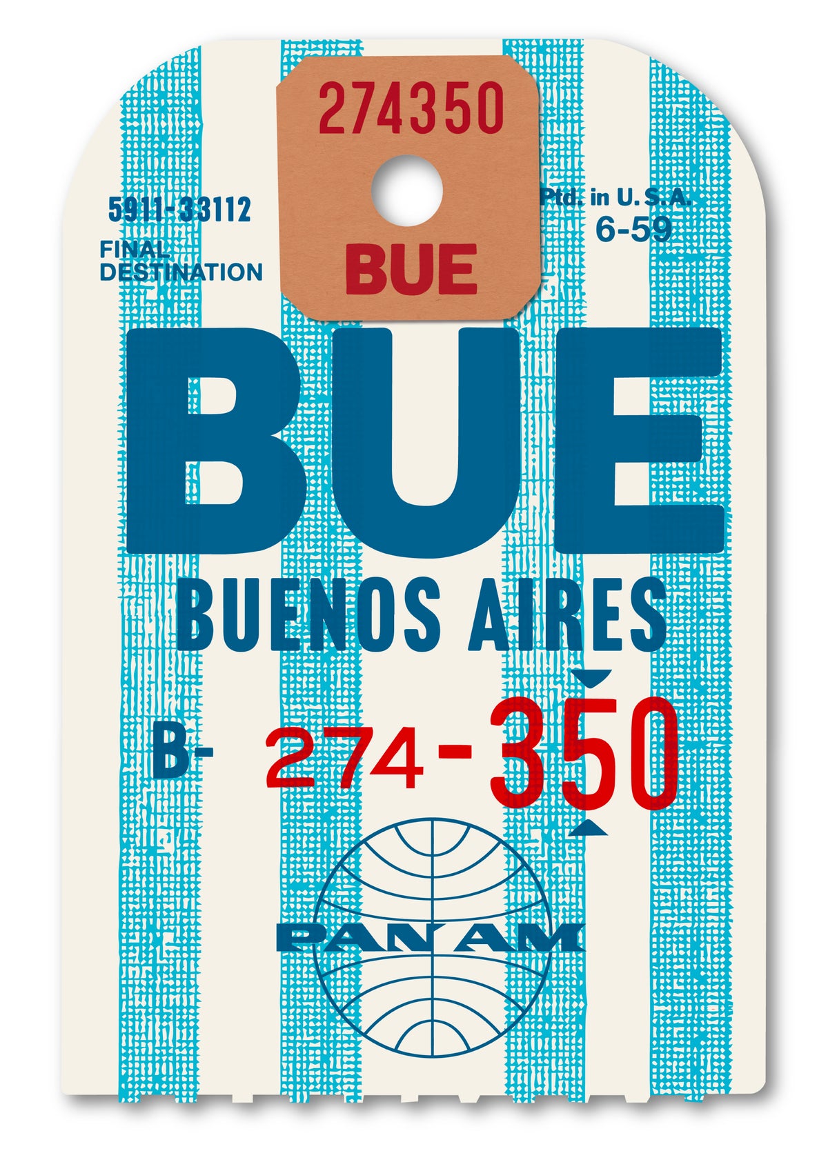Limited-edition archival print of a Pan Am “Buenos Aires” luggage tag by Ella Freire, inspired by the original 1960s design, supersized in two framed sizes, float-mounted to enhance its three-dimensional effect; officially licensed by Pan Am with signed certificate included.