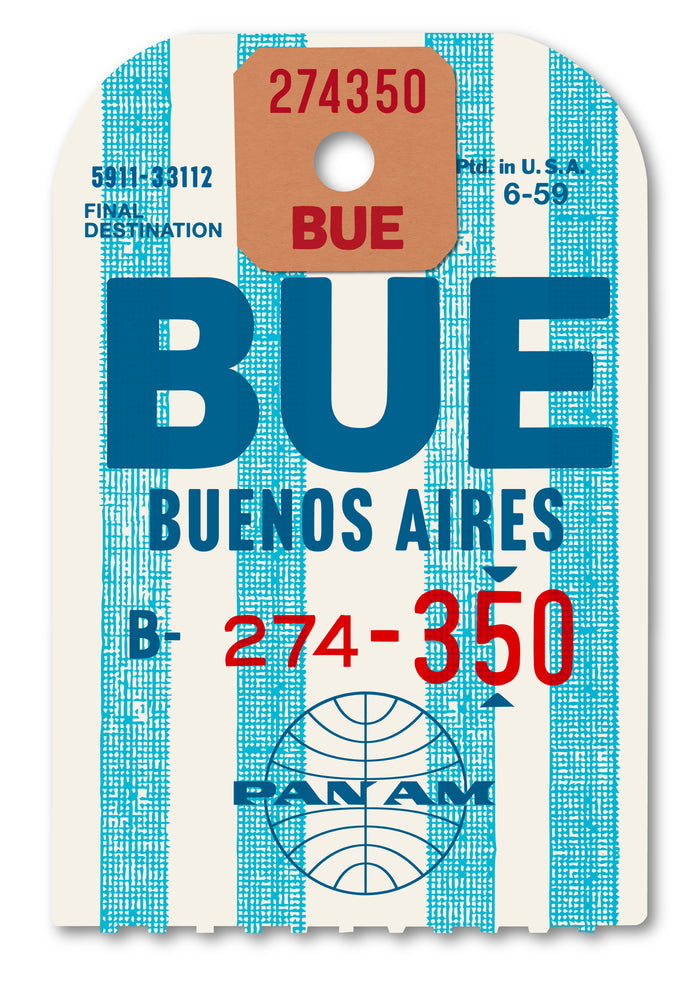 Limited-edition archival print of a Pan Am “Buenos Aires” luggage tag by Ella Freire, inspired by the original 1960s design, supersized in two framed sizes, float-mounted to enhance its three-dimensional effect; officially licensed by Pan Am with signed certificate included.
