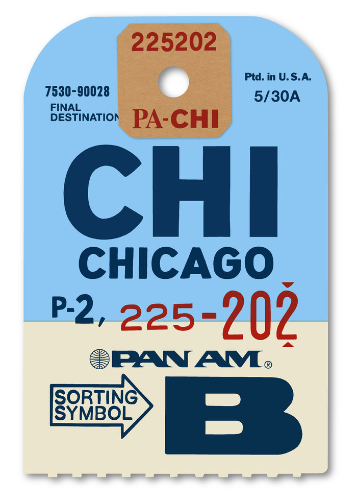 Limited-edition archival print of a Pan Am “Chicago” luggage tag by Ella Freire, inspired by the original 1960s design, supersized in two framed sizes, float-mounted to enhance its three-dimensional effect; officially licensed by Pan Am with signed certificate included.