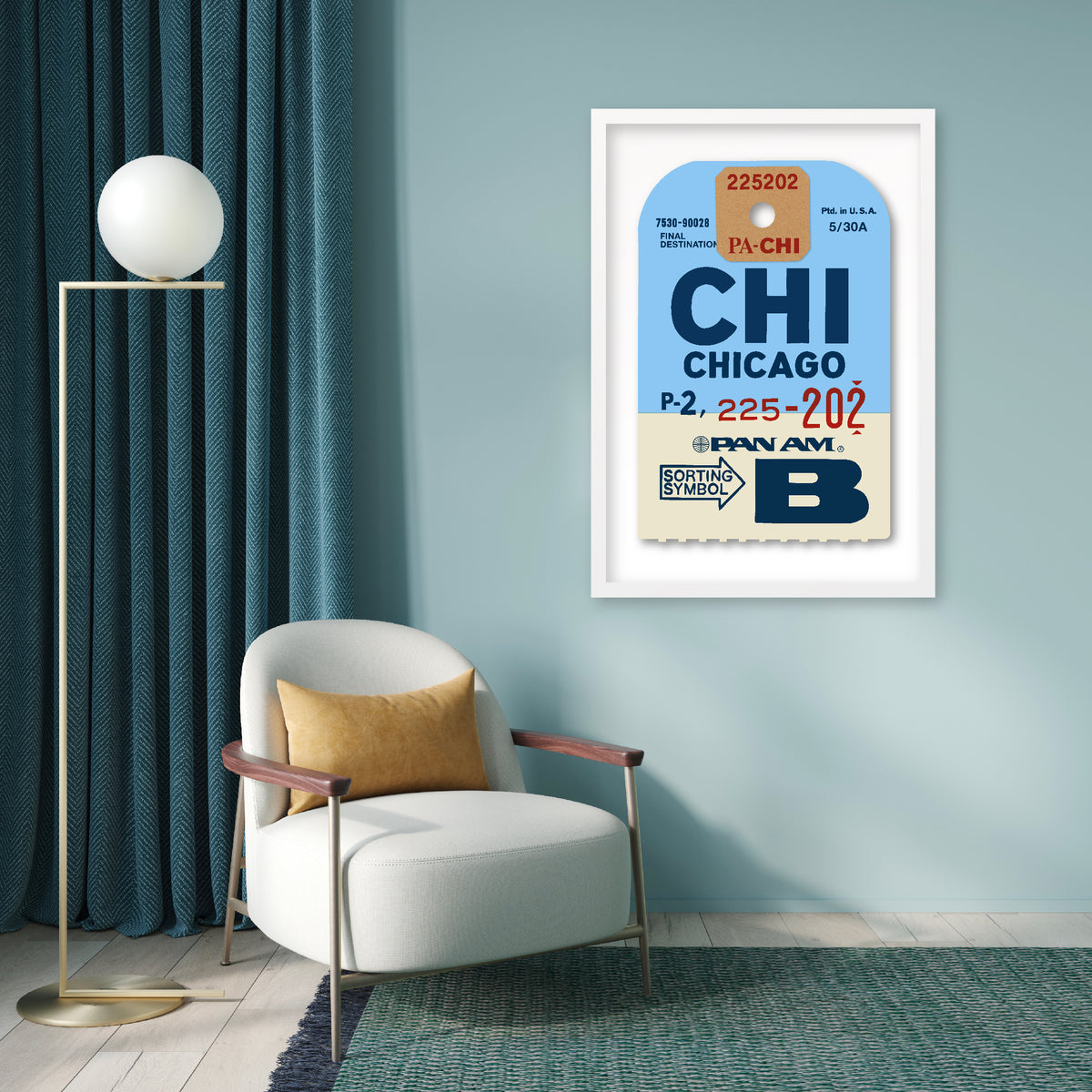 Limited-edition archival print of a Pan Am “Chicago” luggage tag by Ella Freire, inspired by the original 1960s design, supersized in two framed sizes, float-mounted to enhance its three-dimensional effect; officially licensed by Pan Am with signed certificate included.