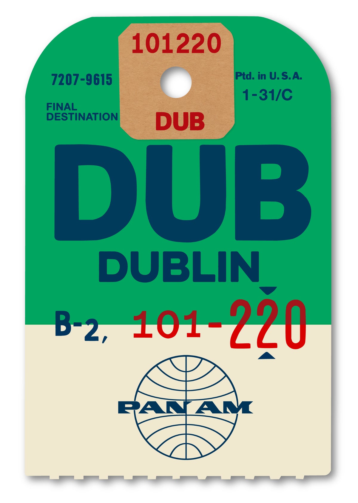 Limited-edition archival print of a Pan Am “Dublin” luggage tag by Ella Freire, inspired by the original 1960s design, supersized in two framed sizes, float-mounted to enhance its three-dimensional effect; officially licensed by Pan Am with signed certificate included.