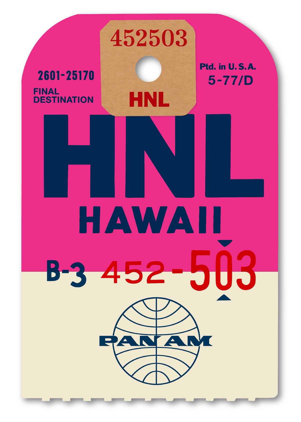 Limited-edition archival print of a Pan Am “Hawaii” luggage tag by Ella Freire, inspired by the original 1960s design, supersized in two framed sizes, float-mounted to enhance its three-dimensional effect; officially licensed by Pan Am with signed certificate included.