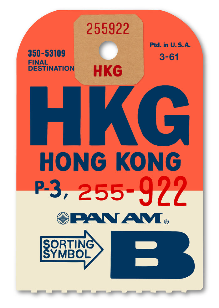 Limited-edition archival print of a Pan Am “Hong Kong” luggage tag by Ella Freire, inspired by the original 1960s design, supersized in two framed sizes, float-mounted to enhance its three-dimensional effect; officially licensed by Pan Am with signed certificate included.