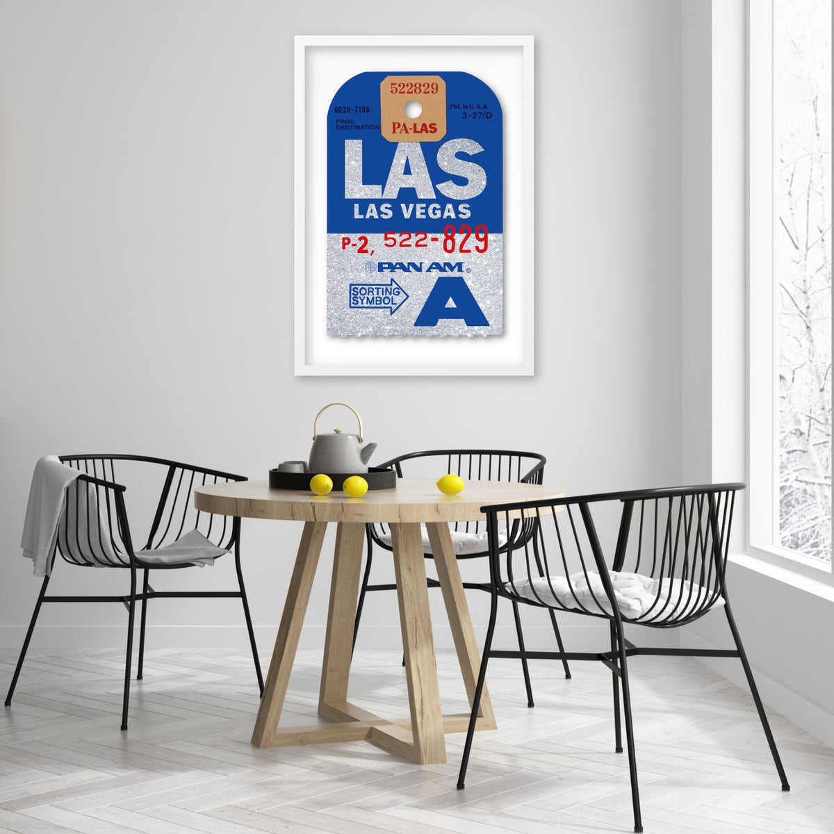 Limited-edition archival print onto sliver glitter paper of a Pan Am “Las Vegas” luggage tag by Ella Freire, inspired by the original 1960s design, supersized to a large size, float-mounted to enhance its three-dimensional effect; officially licensed by Pan Am with signed certificate included.