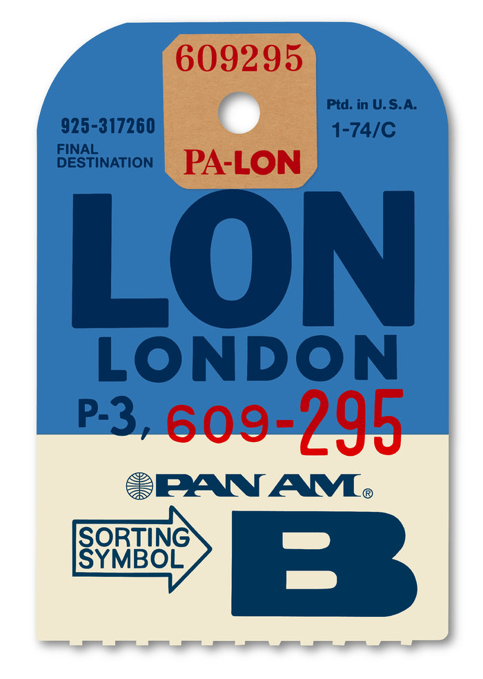 Limited-edition archival print of a Pan Am “London” luggage tag by Ella Freire, inspired by the original 1960s design, supersized in two framed sizes, float-mounted to enhance its three-dimensional effect; officially licensed by Pan Am with signed certificate included.