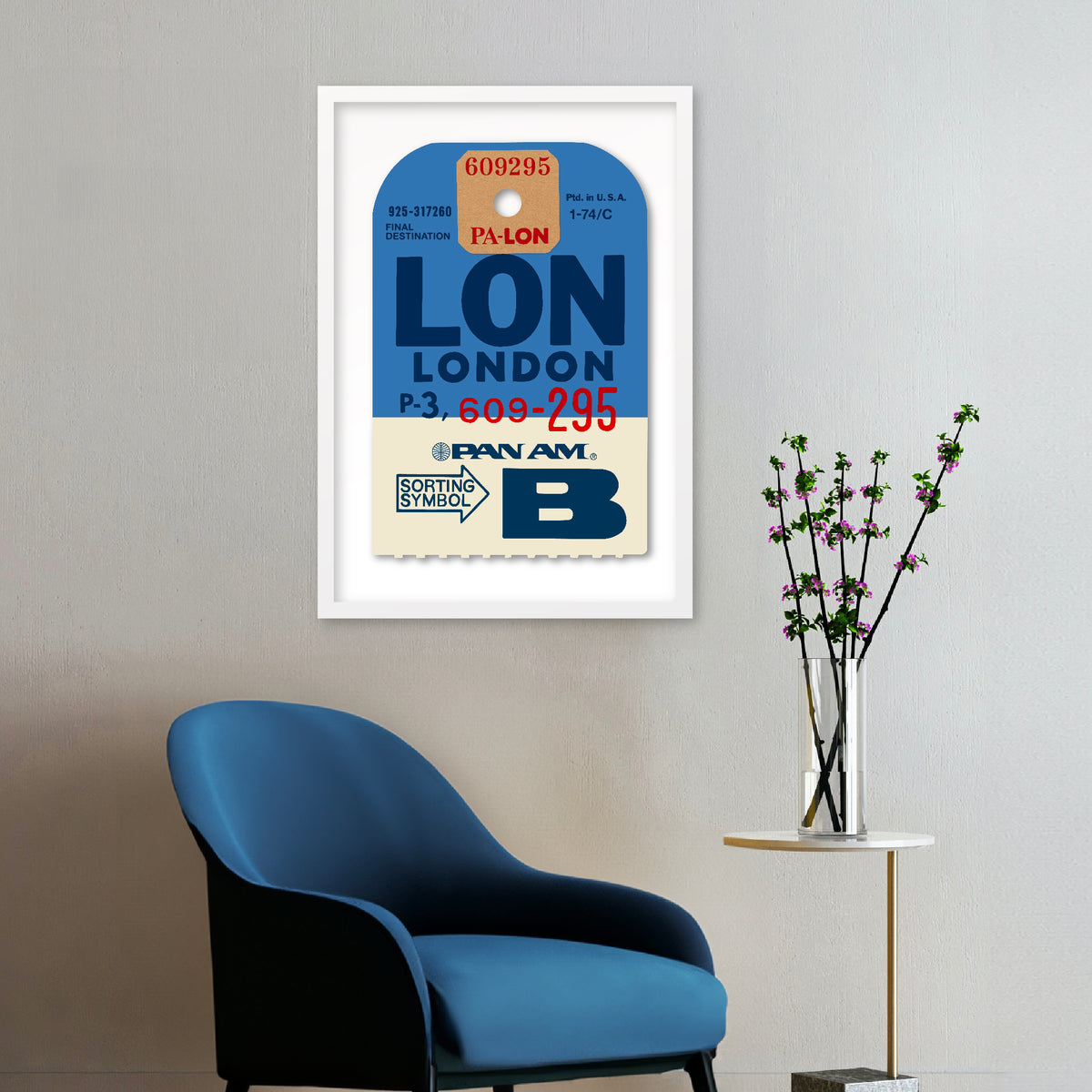Limited-edition archival print of a Pan Am “London” luggage tag by Ella Freire, inspired by the original 1960s design, supersized in two framed sizes, float-mounted to enhance its three-dimensional effect; officially licensed by Pan Am with signed certificate included.