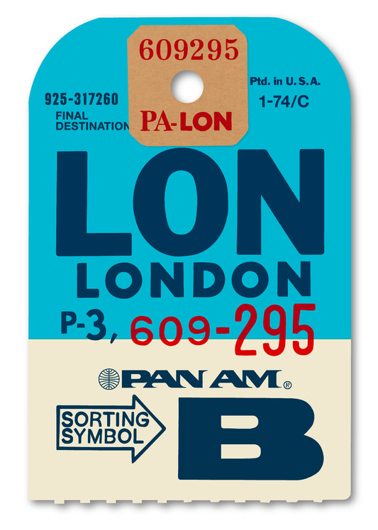 Limited-edition archival print of a Pan Am “London” luggage tag by Ella Freire, inspired by the original 1960s design, supersized in two framed sizes, float-mounted to enhance its three-dimensional effect; officially licensed by Pan Am with signed certificate included.