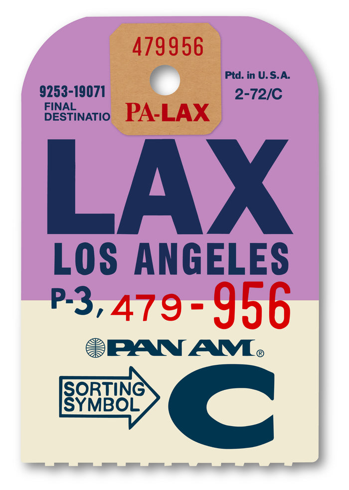 Limited-edition archival print of a Pan Am “Los Angeles” luggage tag by Ella Freire, inspired by the original 1960s design, supersized in two framed sizes, float-mounted to enhance its three-dimensional effect; officially licensed by Pan Am with signed certificate included.
