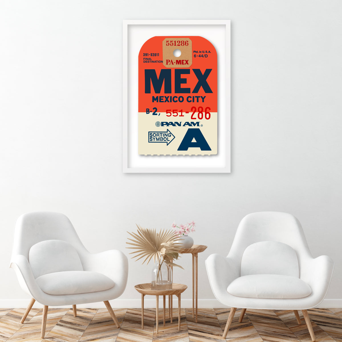 Limited-edition archival print of a Pan Am “Mexico City” luggage tag by Ella Freire, inspired by the original 1960s design, supersized in two framed sizes, float-mounted to enhance its three-dimensional effect; officially licensed by Pan Am with signed certificate included.
