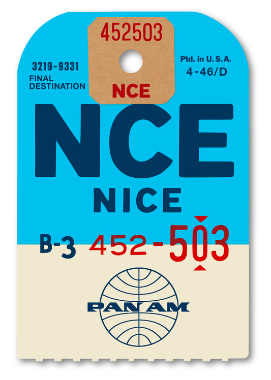 Limited-edition archival print of a Pan Am “Nice” luggage tag by Ella Freire, inspired by the original 1960s design, supersized in two framed sizes, float-mounted to enhance its three-dimensional effect; officially licensed by Pan Am with signed certificate included.