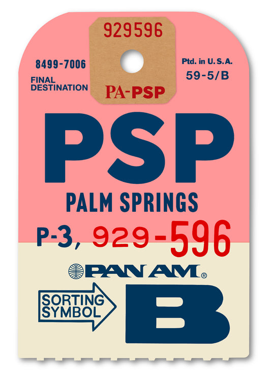 Limited-edition archival print of a Pan Am “Pal Springs” luggage tag by Ella Freire, inspired by the original 1960s design, supersized in two framed sizes, float-mounted to enhance its three-dimensional effect; officially licensed by Pan Am with signed certificate included.