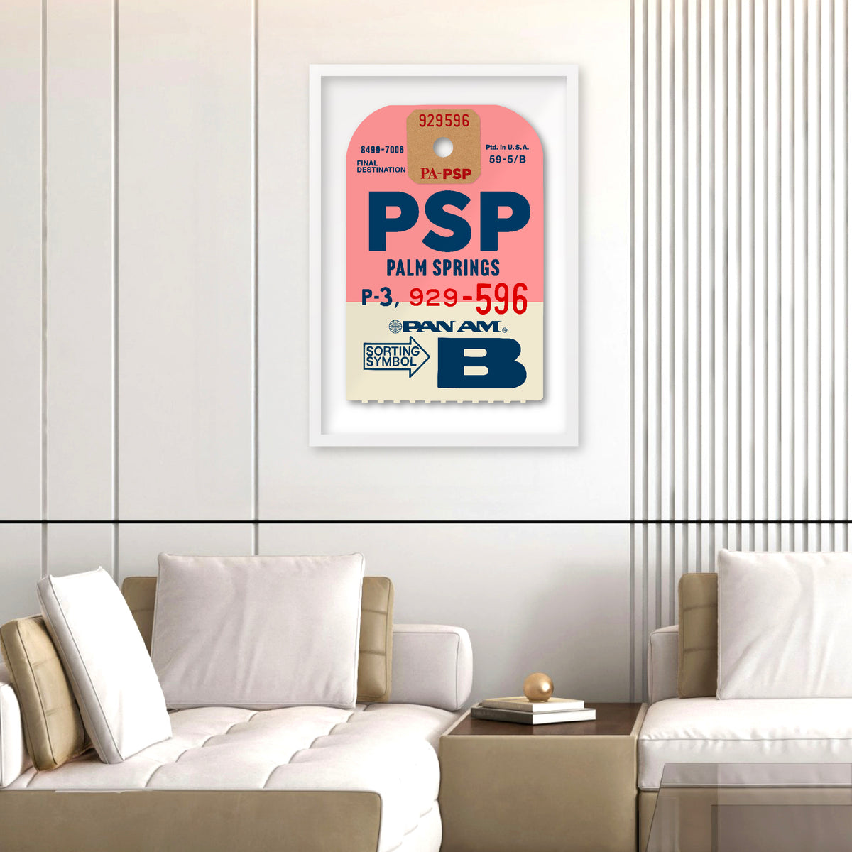 Limited-edition archival print of a Pan Am “Pal Springs” luggage tag by Ella Freire, inspired by the original 1960s design, supersized in two framed sizes, float-mounted to enhance its three-dimensional effect; officially licensed by Pan Am with signed certificate included.
