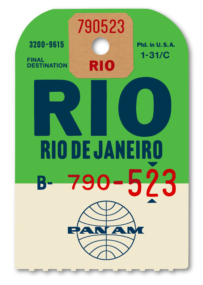 Limited-edition archival print of a Pan Am “Rio de Janeiro” luggage tag by Ella Freire, inspired by the original 1960s design, supersized in two framed sizes, float-mounted to enhance its three-dimensional effect; officially licensed by Pan Am with signed certificate included.