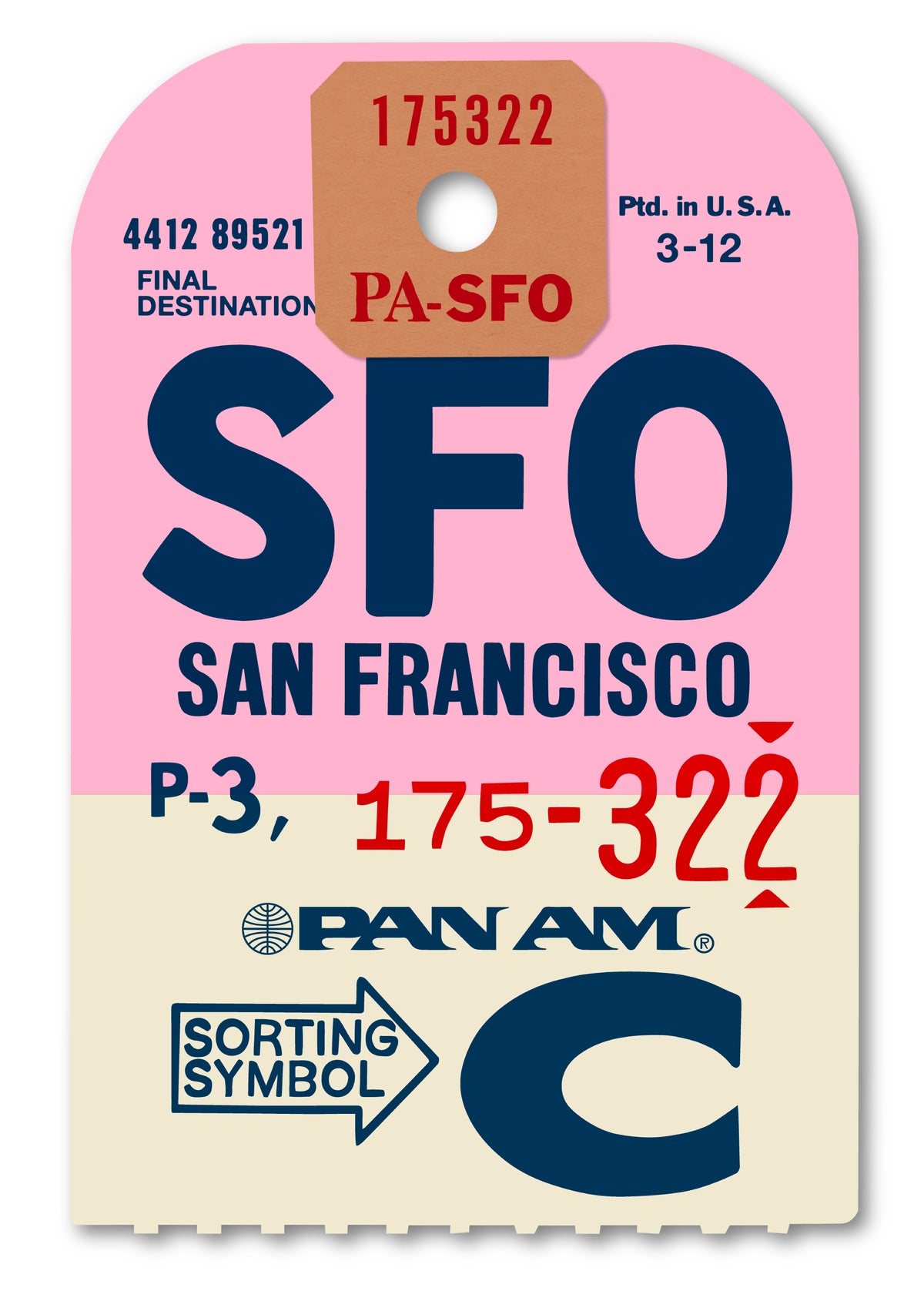 Limited-edition archival print of a Pan Am “San Francisco” luggage tag by Ella Freire, inspired by the original 1960s design, supersized in two framed sizes, float-mounted to enhance its three-dimensional effect; officially licensed by Pan Am with signed certificate included.