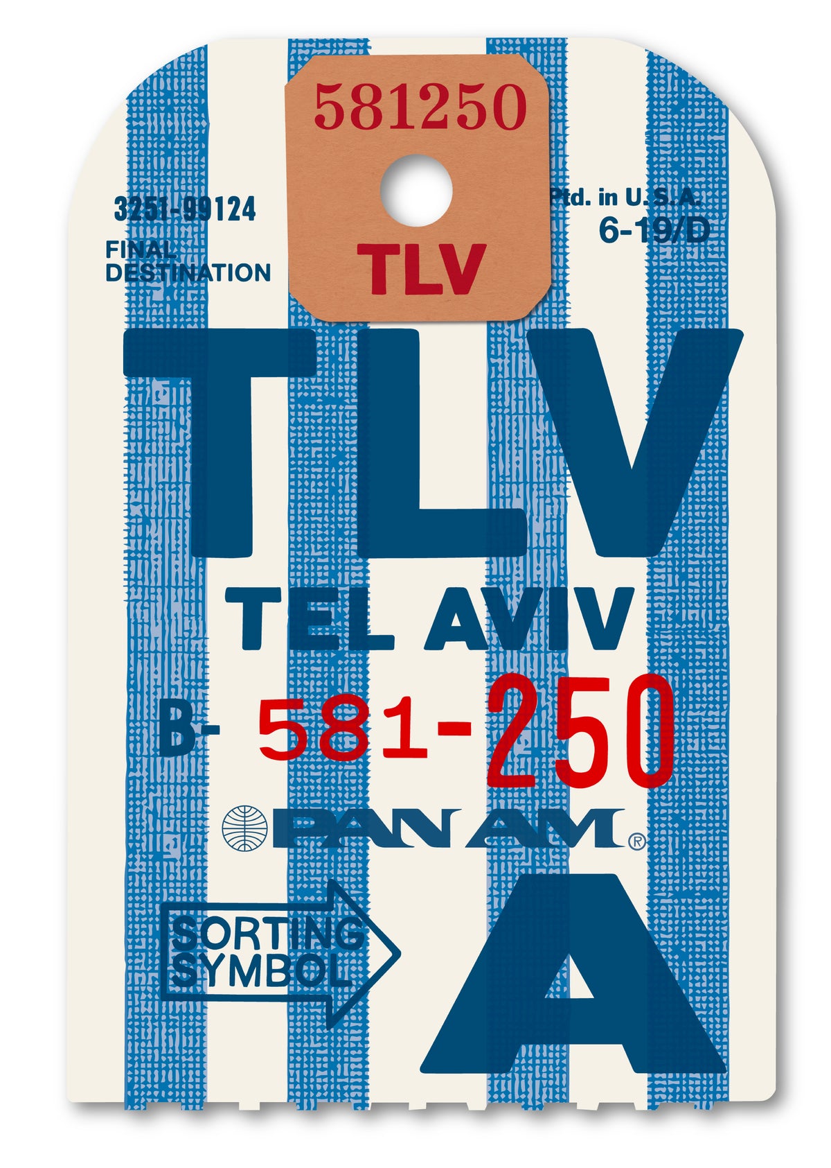 Limited-edition archival print of a Pan Am “Tel Aviv” luggage tag by Ella Freire, inspired by the original 1960s design, supersized in two framed sizes, float-mounted to enhance its three-dimensional effect; officially licensed by Pan Am with signed certificate included.