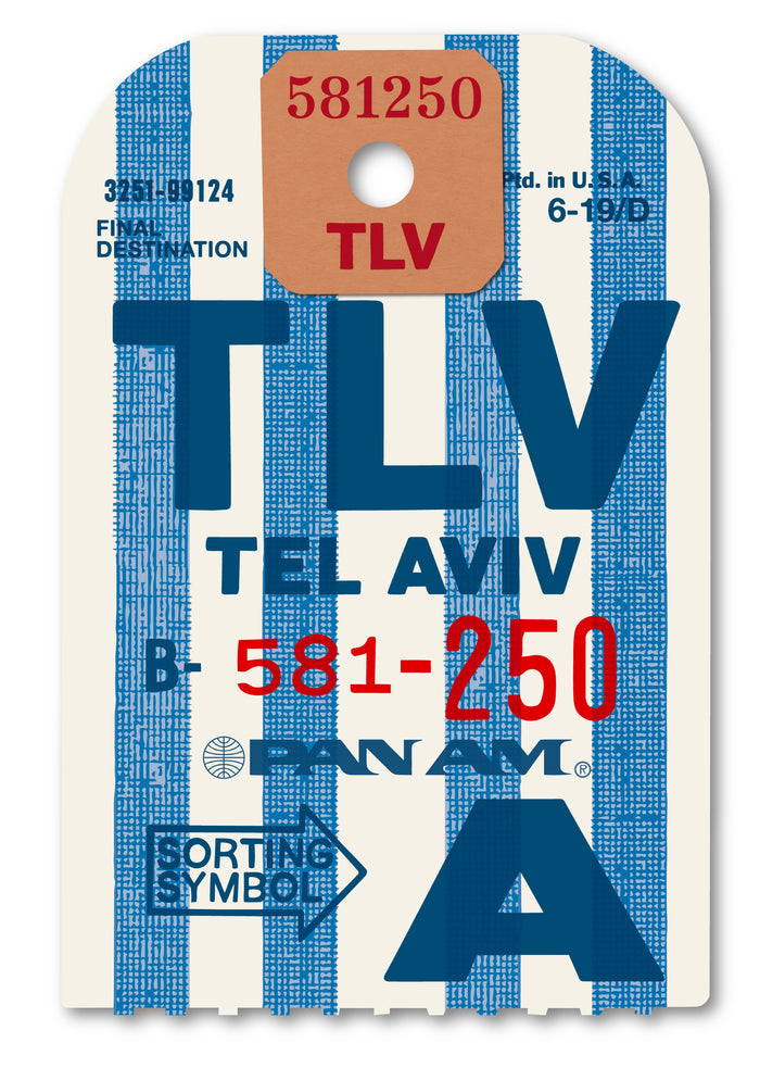 Limited-edition archival print of a Pan Am “Tel Aviv” luggage tag by Ella Freire, inspired by the original 1960s design, supersized in two framed sizes, float-mounted to enhance its three-dimensional effect; officially licensed by Pan Am with signed certificate included.