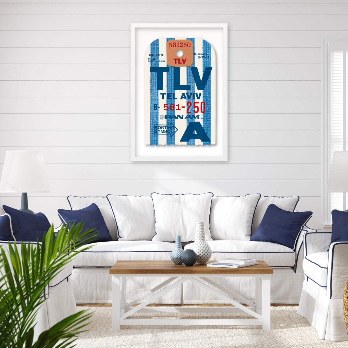 Limited-edition archival print of a Pan Am “Tel Aviv” luggage tag by Ella Freire, inspired by the original 1960s design, supersized in two framed sizes, float-mounted to enhance its three-dimensional effect; officially licensed by Pan Am with signed certificate included.