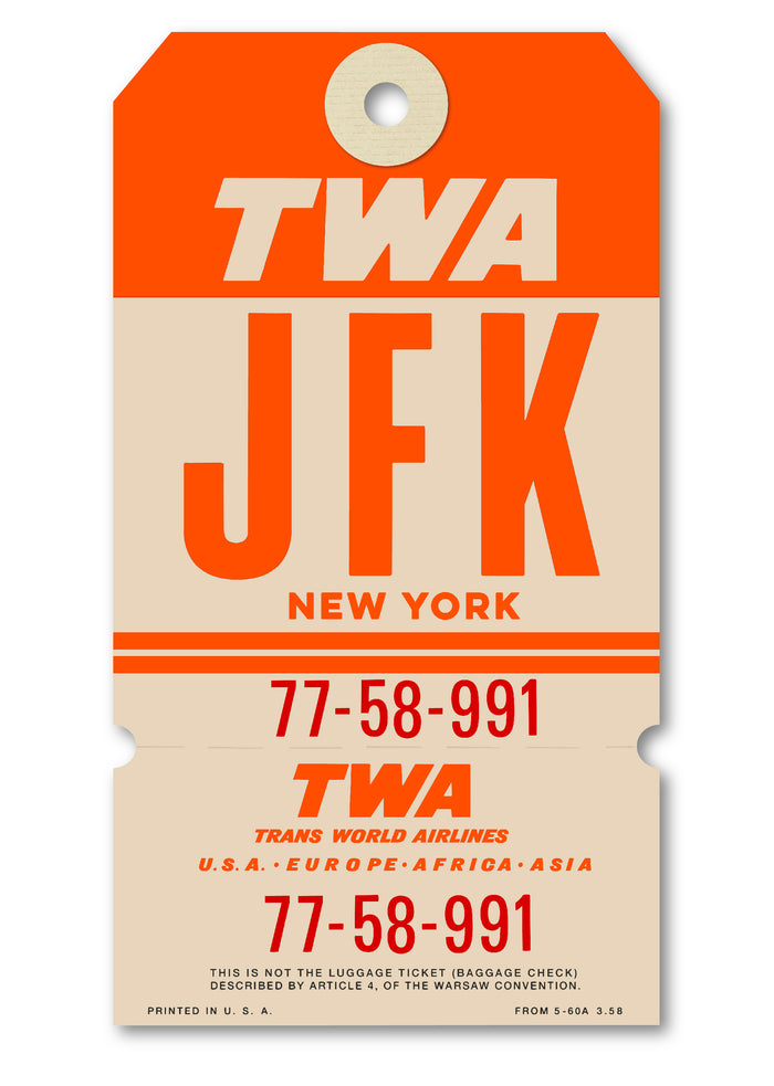 Limited-edition archival print of a TWA “JFK New York” luggage tag by Ella Freire, inspired by the original 1960s design, supersized in one framed size only, float-mounted to enhance its three-dimensional effect; officially licensed by TWA (American Airlines) with signed certificate included.