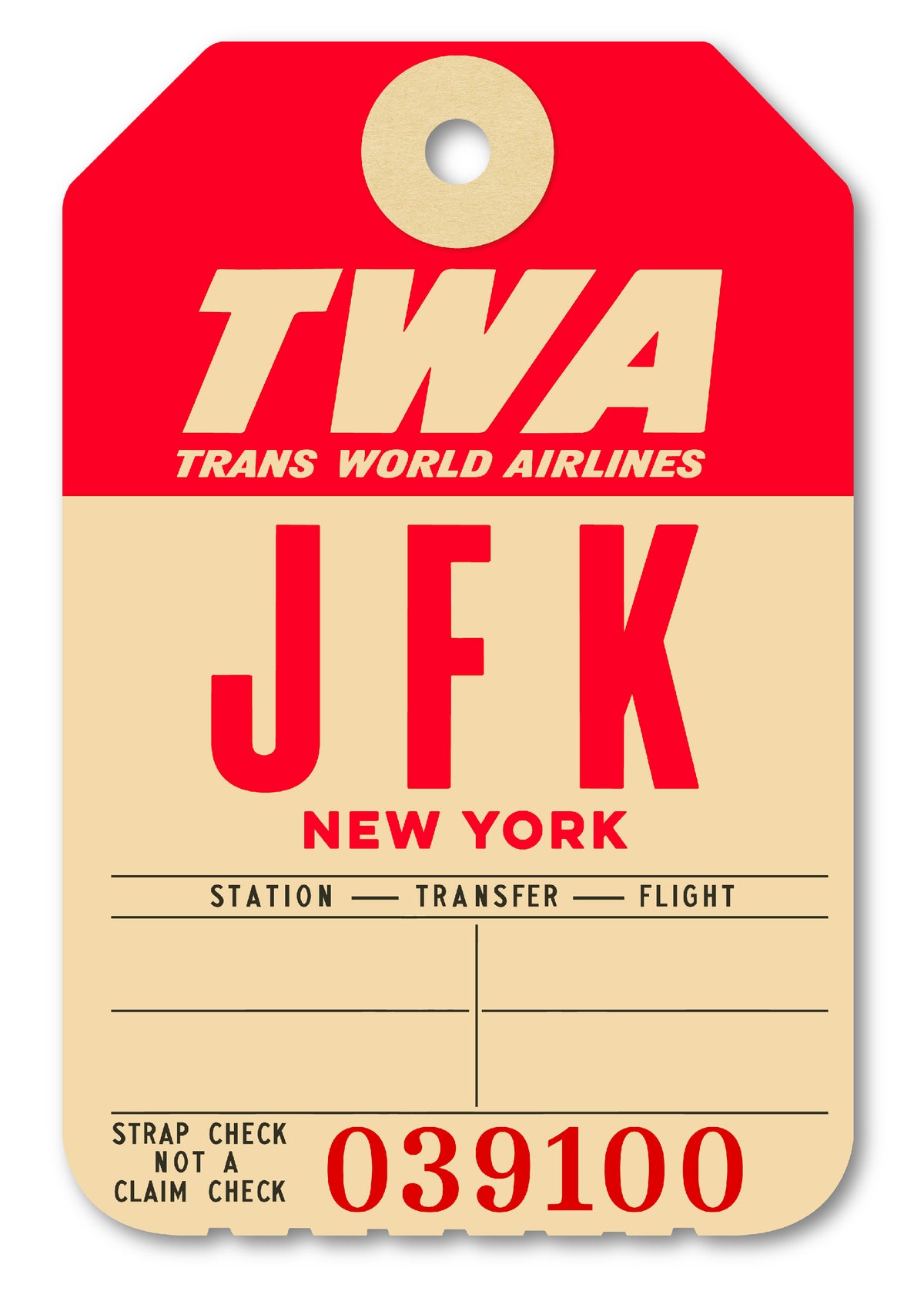 Limited-edition archival print of a TWA “JFK New York” luggage tag by Ella Freire, inspired by the original 1960s design, supersized in two framed sizes, float-mounted to enhance its three-dimensional effect; officially licensed by TWA (American Airlines) with signed certificate included.