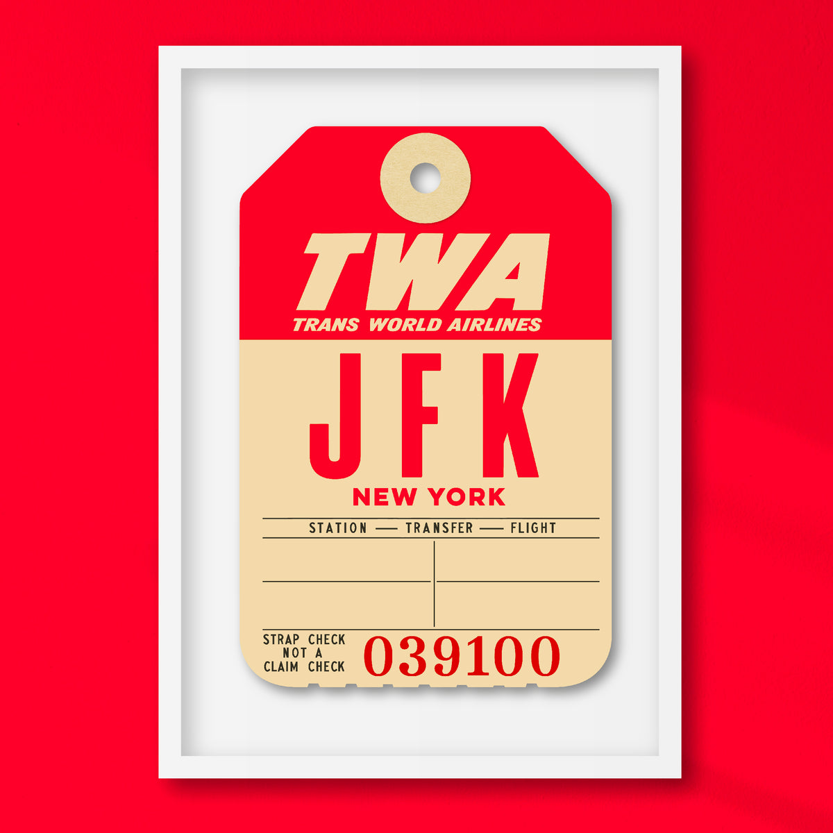 Limited-edition archival print of a TWA “JFK New York” luggage tag by Ella Freire, inspired by the original 1960s design, supersized in two framed sizes, float-mounted to enhance its three-dimensional effect; officially licensed by TWA (American Airlines) with signed certificate included.