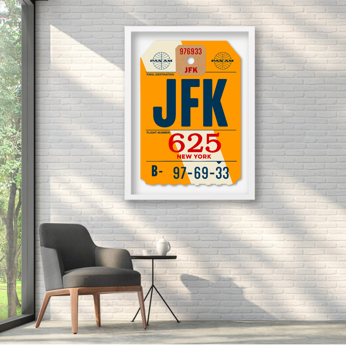 Limited-edition archival print of a Pan Am “JFK New York” luggage tag by Ella Freire, inspired by the original 1960s design, only one supersized XL size available, float-mounted to enhance its three-dimensional effect; officially licensed by Pan Am with signed certificate included.
