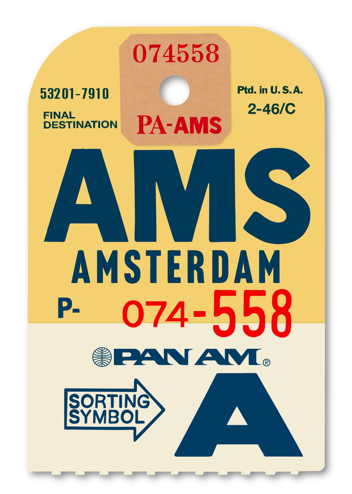 Limited-edition archival print of a Pan Am “Amsterdam” luggage tag by Ella Freire, inspired by the original 1960s design, supersized in two framed sizes, float-mounted to enhance its three-dimensional effect; officially licensed by Pan Am with signed certificate included.