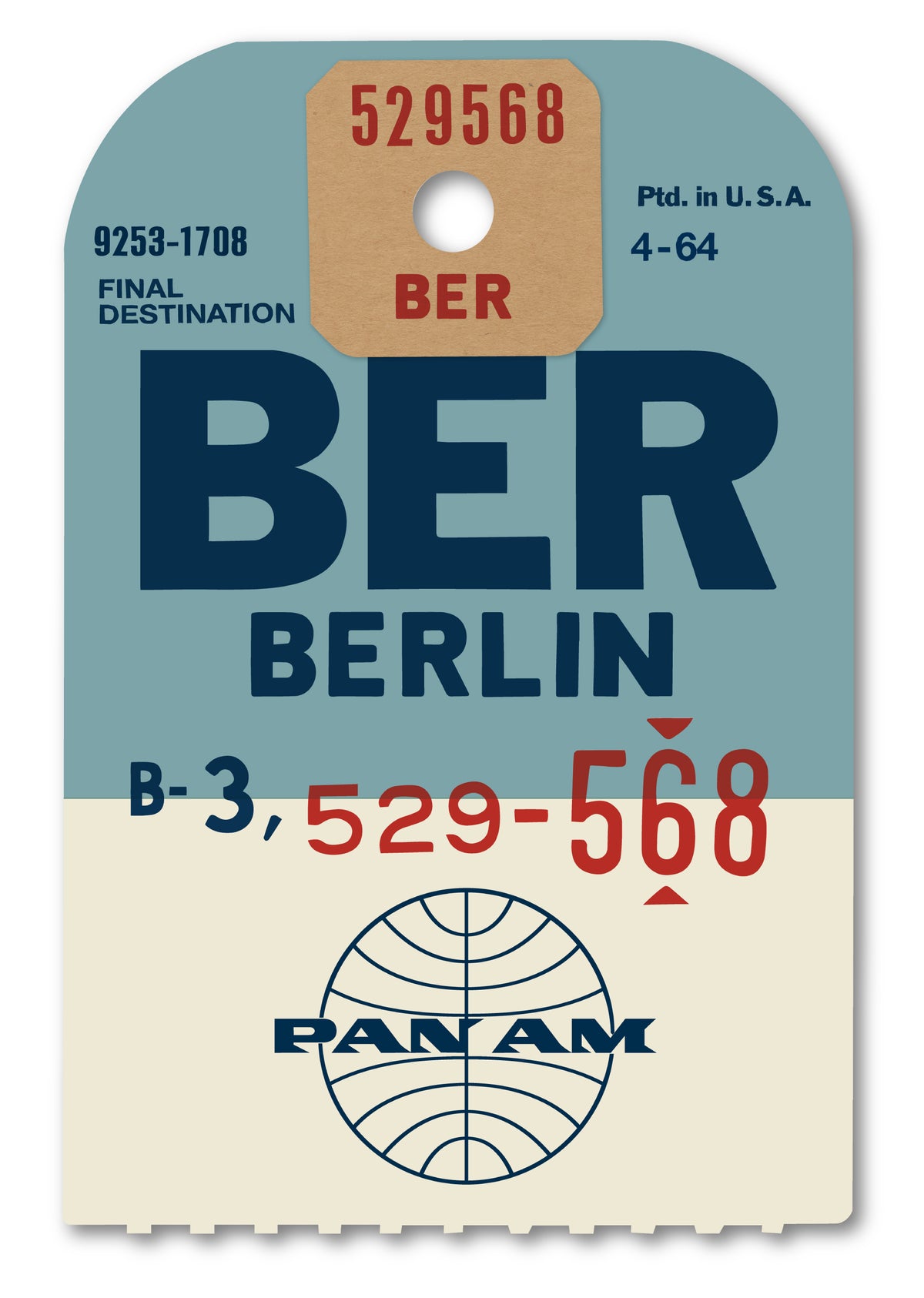 Limited-edition archival print of a Pan Am “Berlin” luggage tag by Ella Freire, inspired by the original 1960s design, supersized in two framed sizes, float-mounted to enhance its three-dimensional effect; officially licensed by Pan Am with signed certificate included.