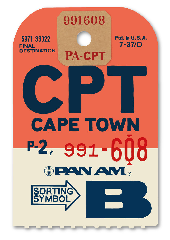 Limited-edition archival print of a Pan Am “Cape Town” luggage tag by Ella Freire, inspired by the original 1960s design, supersized in two framed sizes, float-mounted to enhance its three-dimensional effect; officially licensed by Pan Am with signed certificate included.
