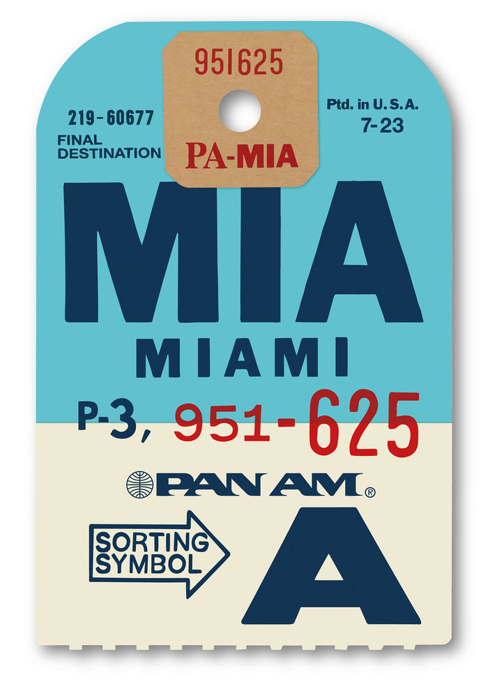 Limited-edition archival print of a Pan Am “Miami” luggage tag by Ella Freire, inspired by the original 1960s design, supersized in two framed sizes, float-mounted to enhance its three-dimensional effect; officially licensed by Pan Am with signed certificate included.