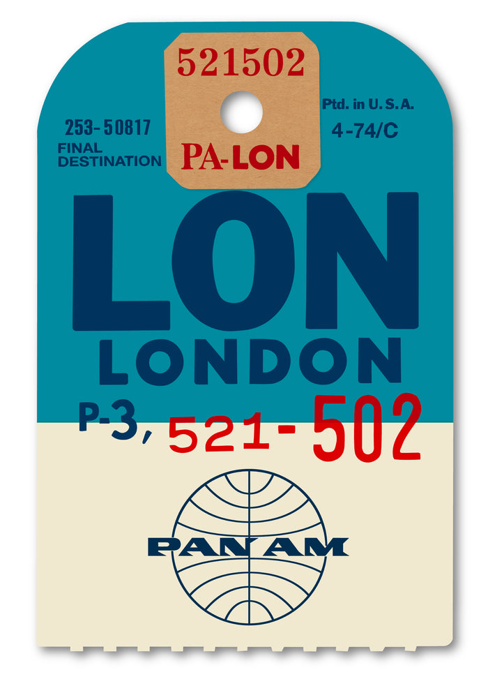 Limited-edition archival print of a Pan Am “London” luggage tag by Ella Freire, inspired by the original 1960s design, supersized in two framed sizes, float-mounted to enhance its three-dimensional effect; officially licensed by Pan Am with signed certificate included.