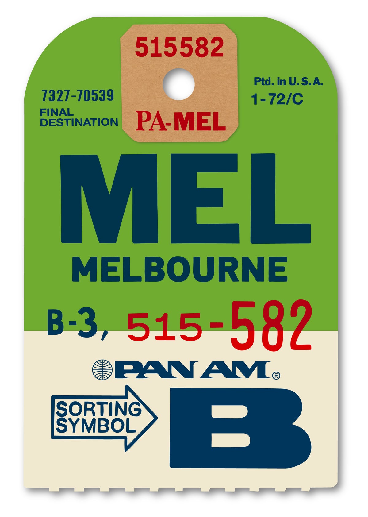 Limited-edition archival print of a Pan Am “Melbourne” luggage tag by Ella Freire, inspired by the original 1960s design, supersized in two framed sizes, float-mounted to enhance its three-dimensional effect; officially licensed by Pan Am with signed certificate included.