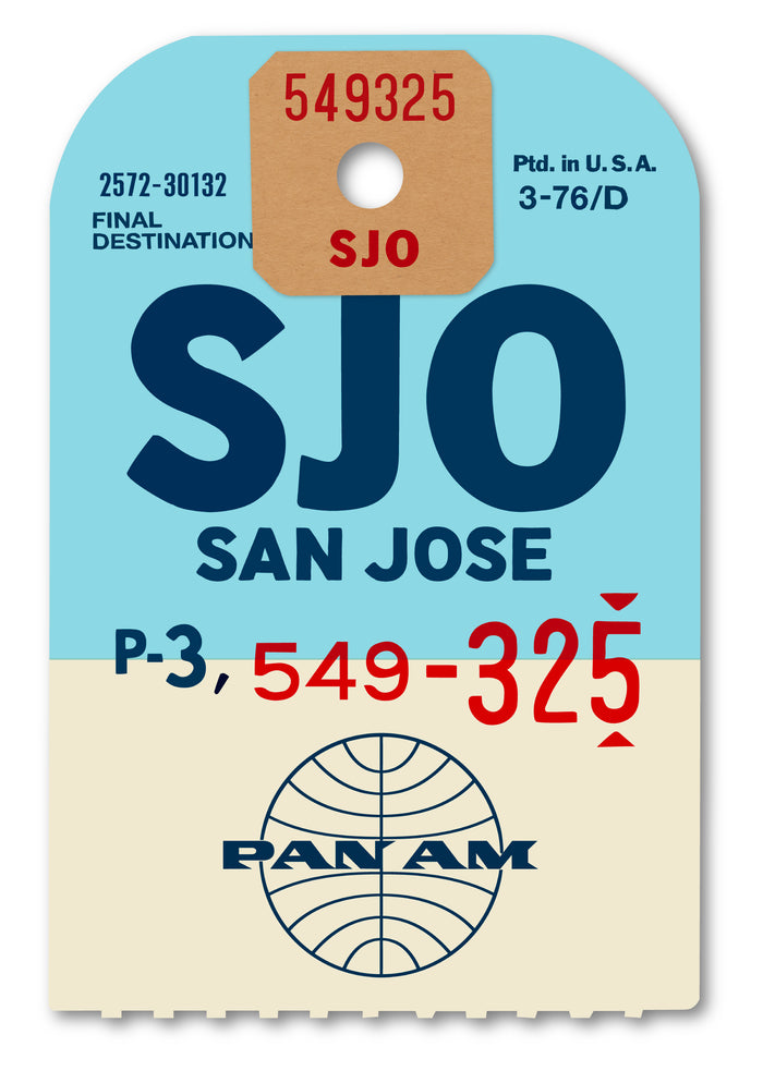 Limited-edition archival print of a Pan Am “San Jose” luggage tag by Ella Freire, inspired by the original 1960s design, supersized in two framed sizes, float-mounted to enhance its three-dimensional effect; officially licensed by Pan Am with signed certificate included.